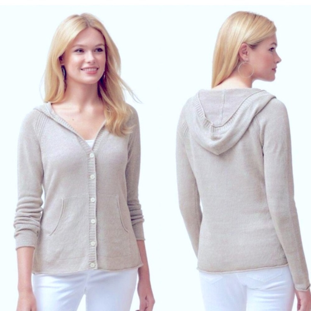 Tommy Bahama White Lea Knit 100% Linen Cardigan Hoodie Pockets Beachy Nautical - Picture 1 of 10